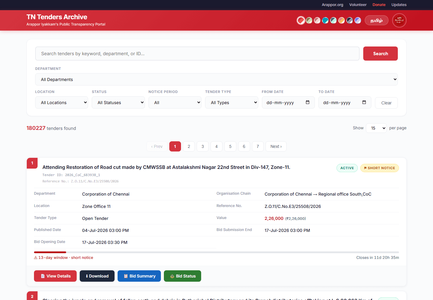 TN Tenders Archive homepage with numbered annotations for search, filters, result count, badges, and evidence actions