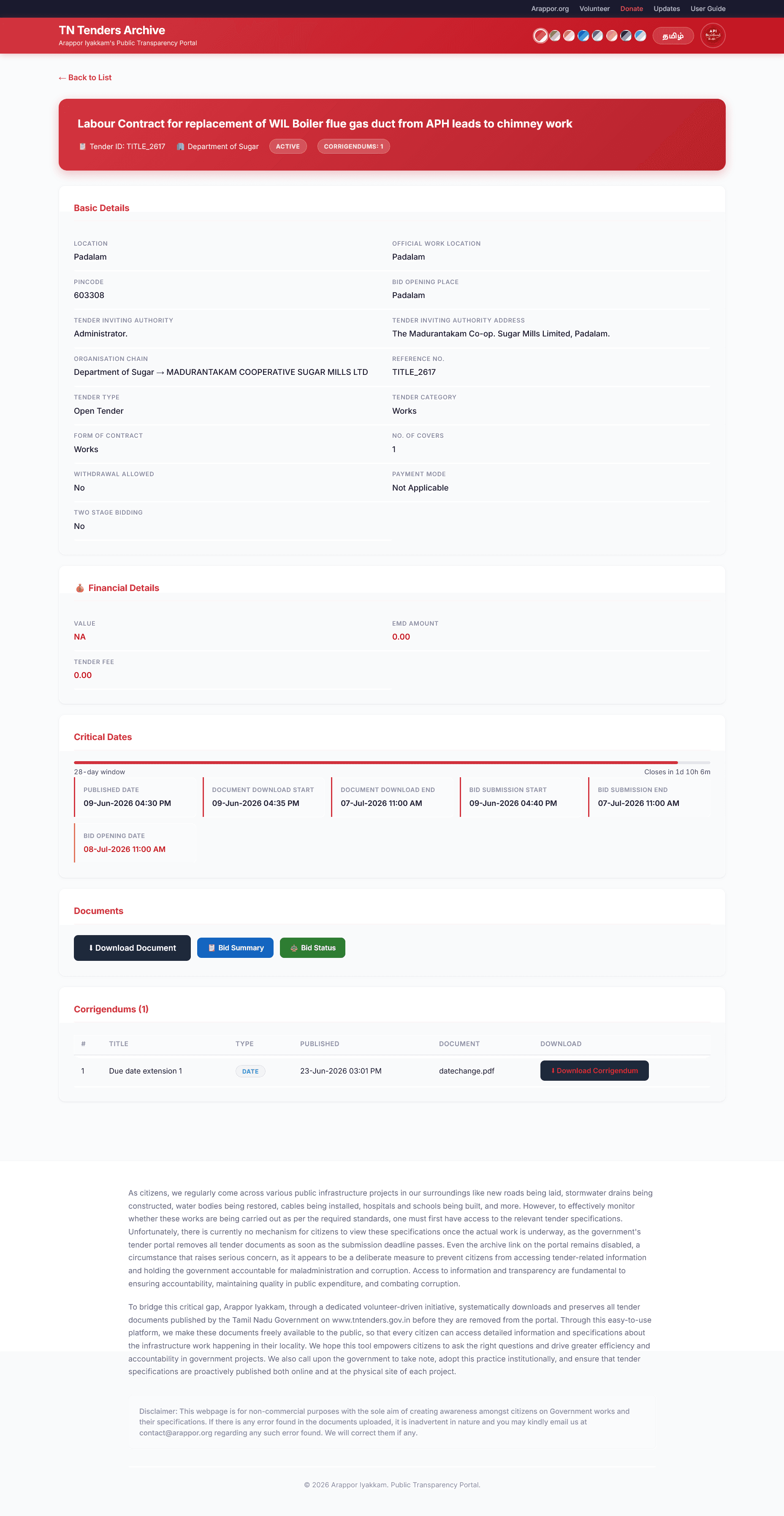 Full TN Tenders Archive View Details page annotated to identify tender identity, basic details, financial details, critical dates, documents, and corrigenda
